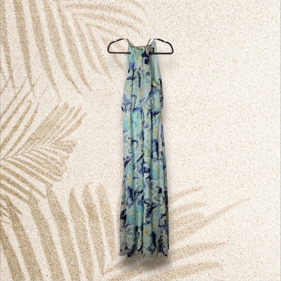 Vince Camuto Aqua Floral Halter Maxi Dress with Sliding Neckline Size 10 - Picture 2 of 7